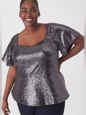 Lane Bryant Classic Flutter-Sleeve Sweetheart-Neck Peplum Sequin Top